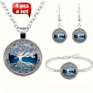 4pcs Fashion Celtic Tree of Life Necklace & Earrings & Bracelet Set